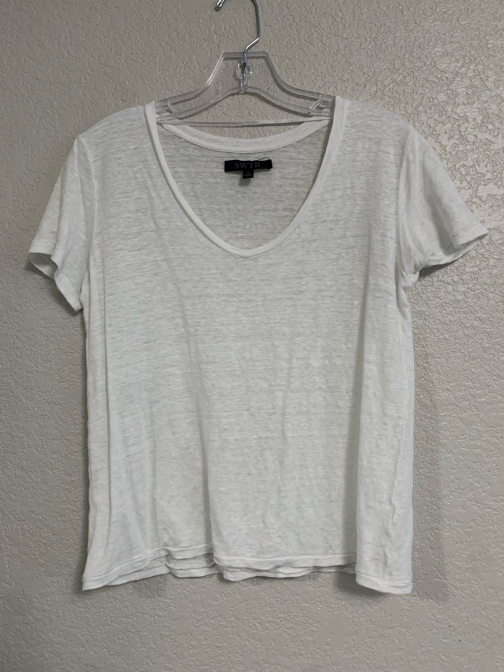 SWTR Tee Top Womens S Linen Short Sleeve Vneck Semi Sheer Classic Capsule Beach